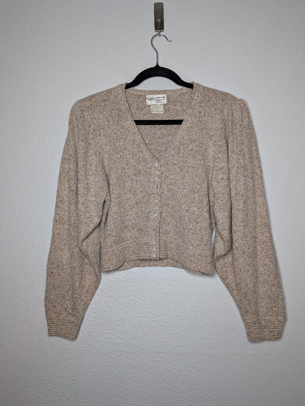Reference Point Vintage Tan Beige Silk Blend Crop Faux Pearl Cardigan Sweater M